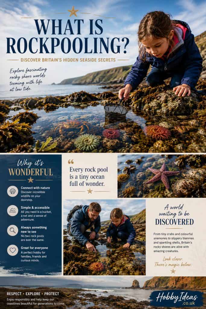 Magazine-style editorial guide celebrating rockpooling, featuring coastal wildlife, family exploration and the hidden wonders of Britain's rocky shoreline.