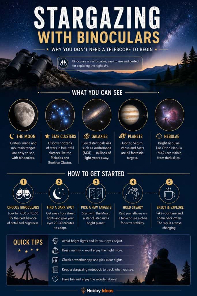 Beginner infographic showing what you can see with binoculars, how to get started with stargazing and practical tips for observing the night sky.