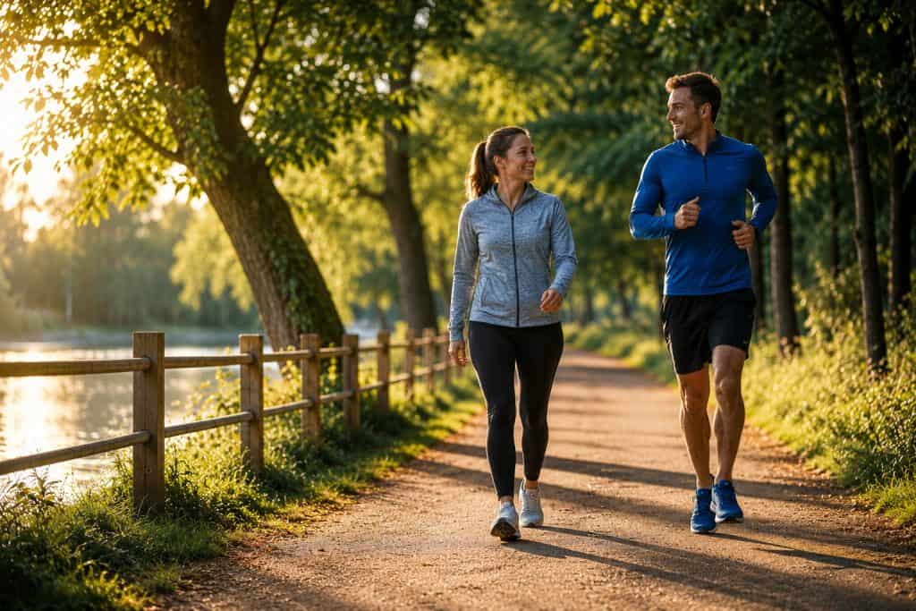 Woman walking beside a man jogging on a sunlit park path as outdoor fitness hobbies