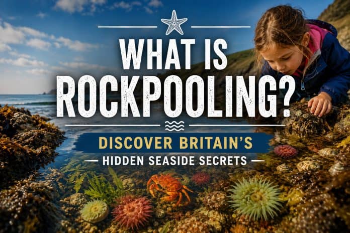 Young explorer discovering marine life in a coastal rock pool during a rockpooling adventure on Britain's rocky shoreline.