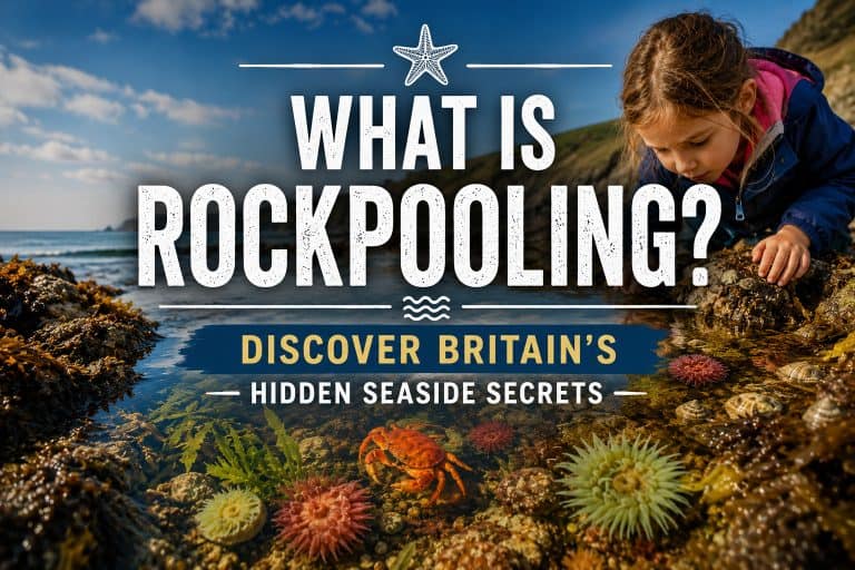 Young explorer discovering marine life in a coastal rock pool during a rockpooling adventure on Britain's rocky shoreline.