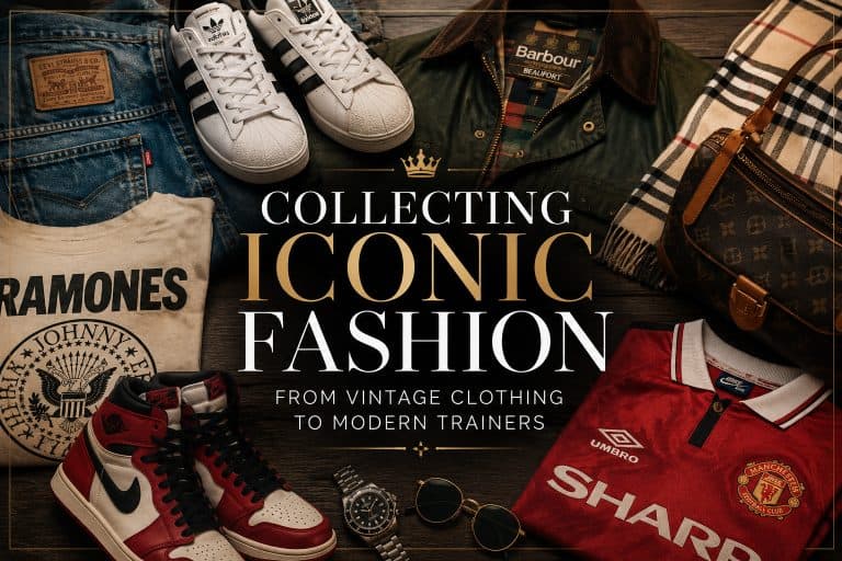 Collecting iconic fashion featuring vintage clothing, designer brands and modern trainers arranged in a premium magazine-style flat lay.