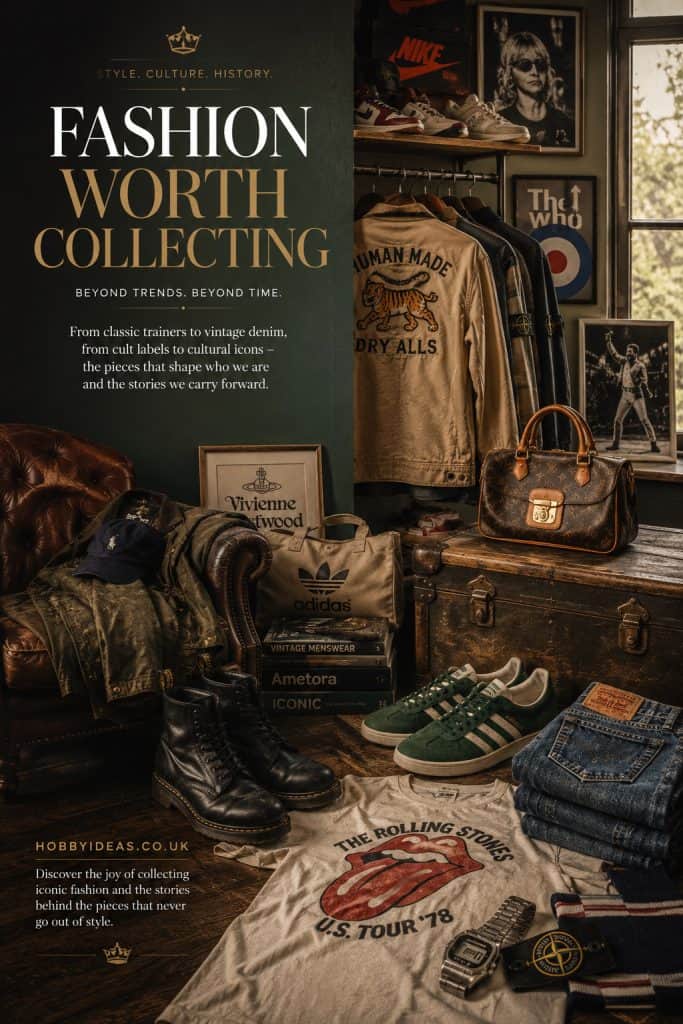Editorial magazine spread celebrating iconic fashion collecting, featuring vintage clothing, designer labels, classic trainers and cultural memorabilia in a stylish collector's display.