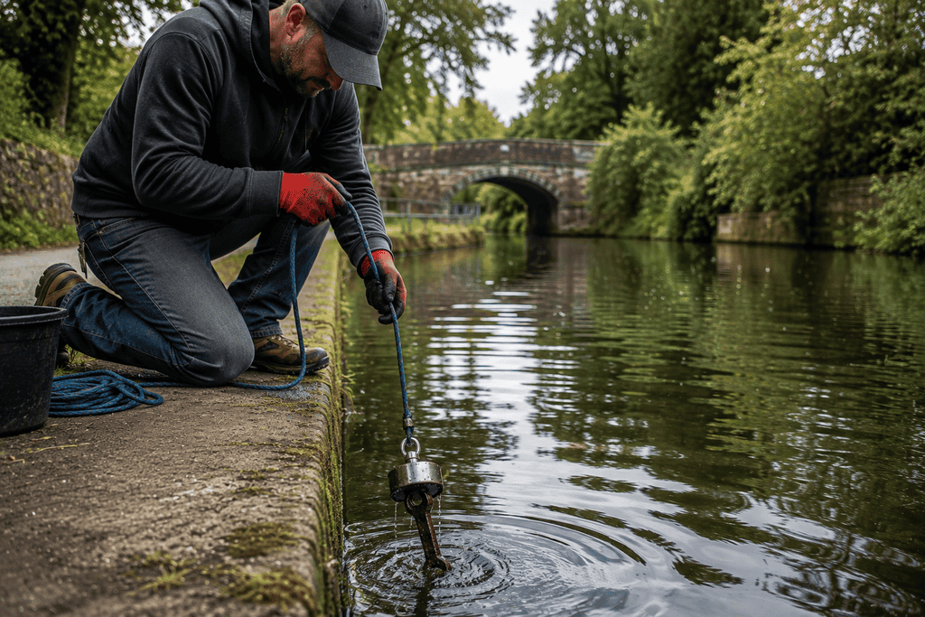 Magnet fishing beginner pulling a rusty tool from a UK waterway