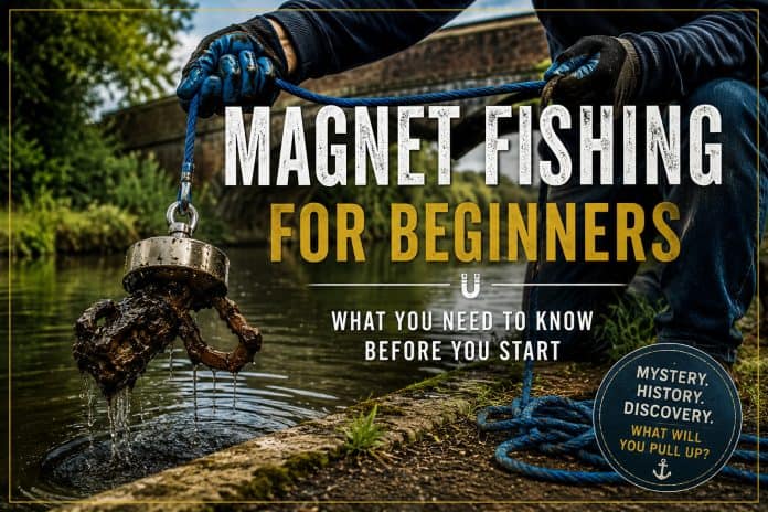 Magnet fishing for beginners pulling a rusty metal find from a UK waterway