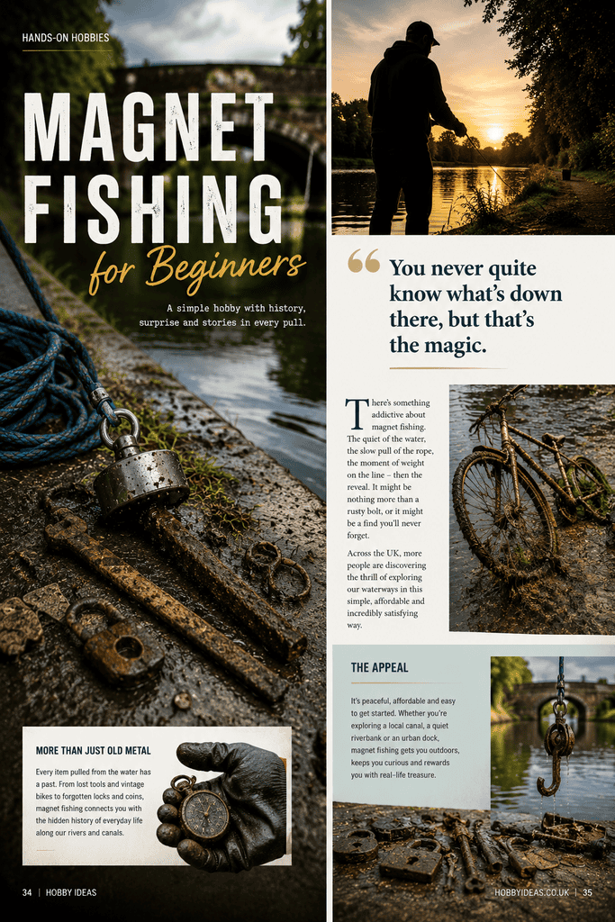 Magazine-style spread showing magnet fishing, rusty finds and the hidden history beneath UK waterways