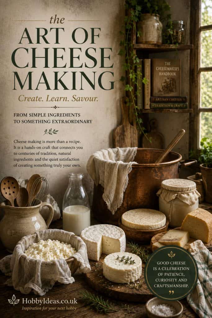 Editorial magazine spread celebrating the hobby of making cheese at home, featuring artisan cheeses, rustic dairy equipment and a traditional farmhouse kitchen.