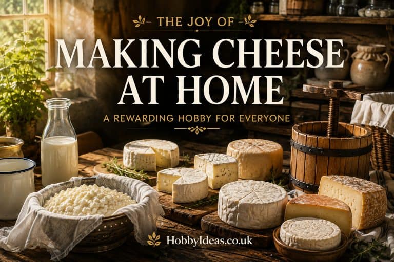 Making cheese at home in a rustic farmhouse kitchen with artisan cheeses, fresh curds and traditional cheese-making equipment.