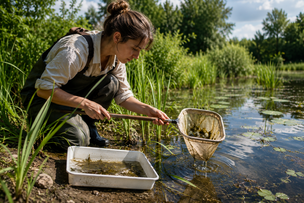 Woman pond dipping for beginners with a net and wildlife tray beside a UK pond