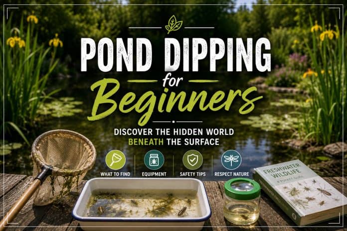 Pond dipping for beginners with a dipping net and tray beside a wildlife pond