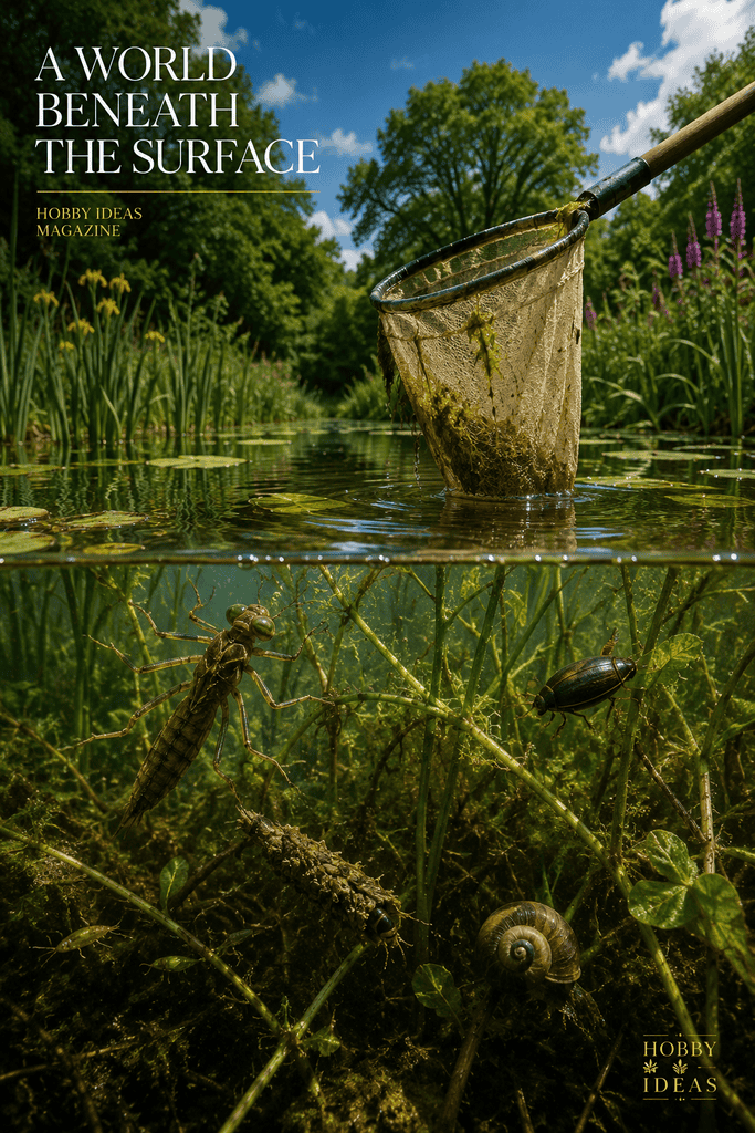Pond dipping net above a wildlife pond with dragonfly nymphs, water beetles and aquatic snails beneath the surface