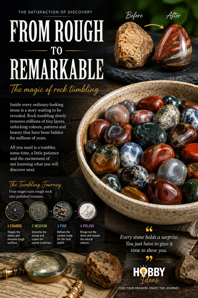 Rock tumbling for beginners magazine spread showing rough stones transformed into colourful polished stones through the tumbling process