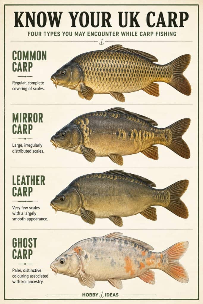 UK carp types showing common carp, mirror carp, leather carp and ghost carp for identification