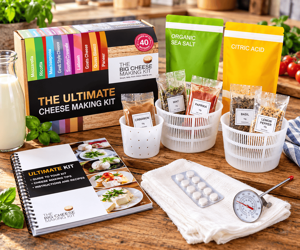 Illustrative display of The Ultimate Cheese Making Kit with cheese moulds, thermometer, recipe booklet, ingredients and seasonings for making cheese at home.