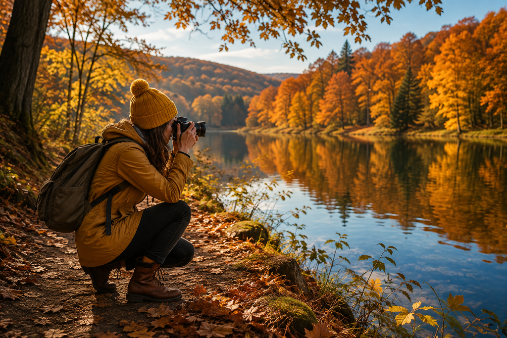 Nature photographer enjoying an outdoor autumn hobby beside a lake surrounded by colourful woodland