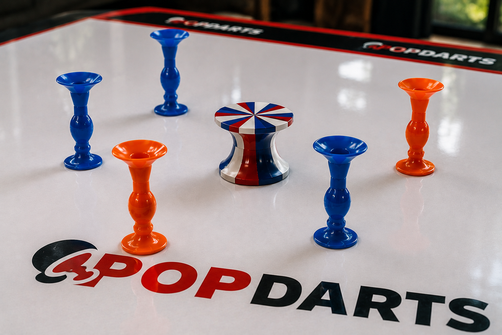 Popdarts for beginners showing blue and orange suction cup darts around the target marker