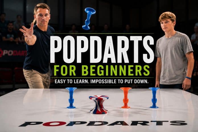 Popdarts for beginners playing the suction-cup target game on a smooth tabletop